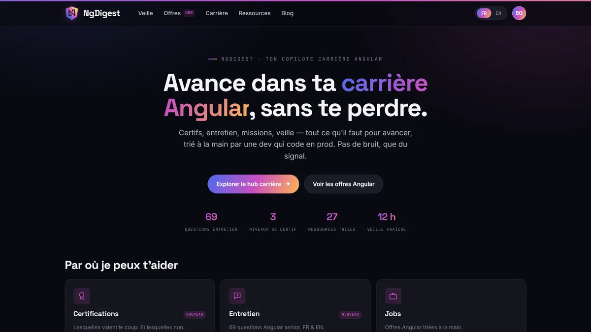 Page d'accueil de NgDigest (capture d'écran)